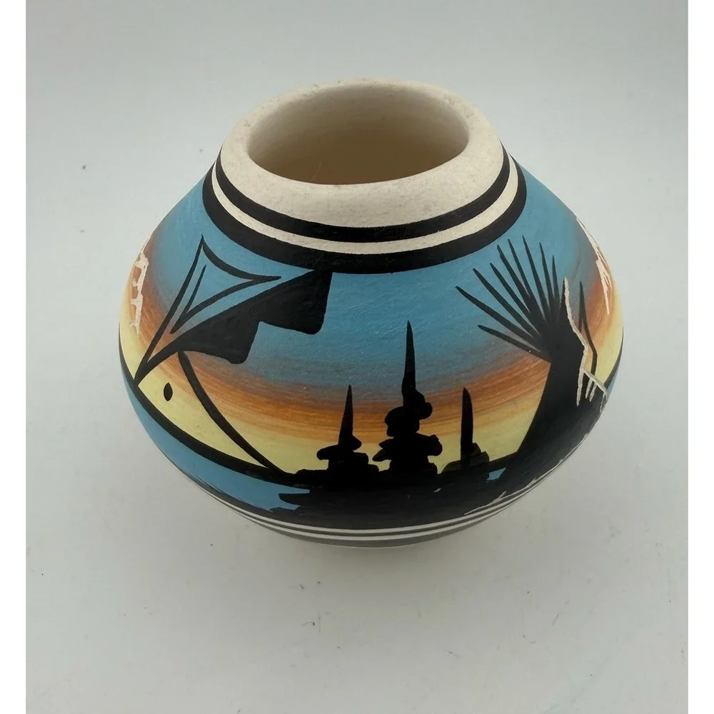 Southwestern Style Ceramic Pot‎ Hand Painted Desert Scene Bird Motif Signed